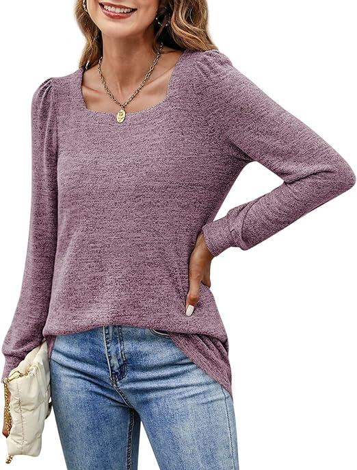 Goranbon Womens Tunic Tops for Leggings Square Neck Puff Sleeve Shirts Casual Fall Sweatshirts