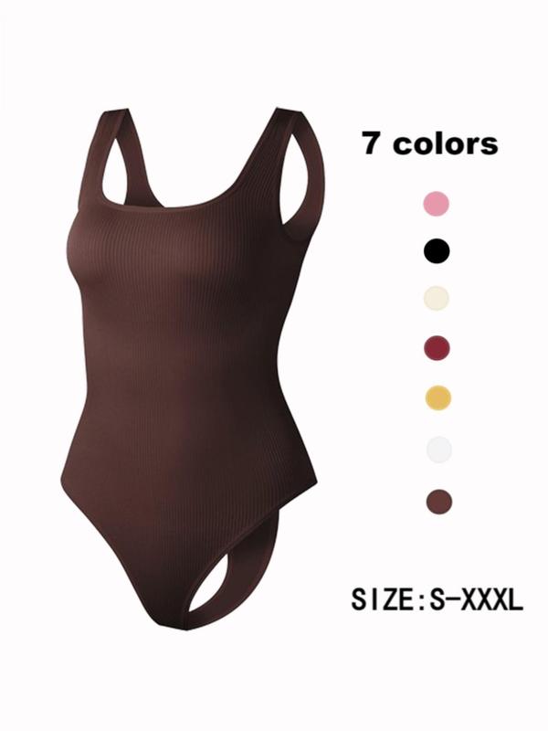 Women's Solid Backless Ribbed Shapewear Bodysuit, Breathable Comfortable Hook & Eye Closure Crotch Shaper, Tummy Control Butt Lifter, Ladies Shapewear for Daily Wear