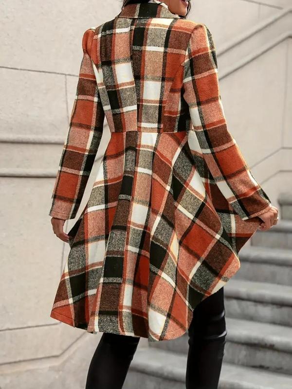 Women's Plaid Print High Low Hem Lapel Neck Pea Coat, Casual Long Sleeve Outerwear for Fall & Winter, Ladies Clothes for Daily Wear