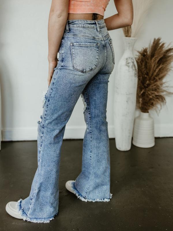 Dani Morgans Exclusive Risen Acid Wash Tummy Control High Rise Distressed Flare Jeans- Medium Acid Wash Comfort Denim