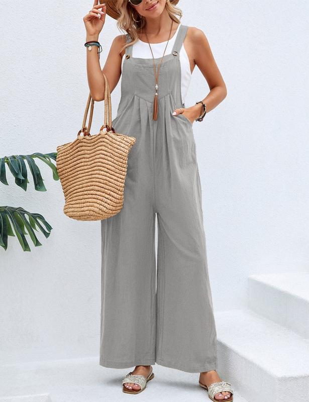 HangNiFang Women's Casual Summer Linen Jumpsuit Adjustable Strap Wide Leg Overalls with Pockets Womenswear Underwear Lady Sleeveless Basic