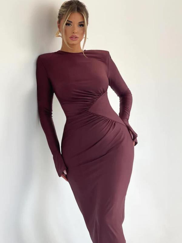 Women's Plain Ruched Flounce Sleeve Bodycon Dress, Elegant Long Sleeve Round Neck Long Dress for Party Holiday Wedding Guest, Ladies Spring & Fall Clothes