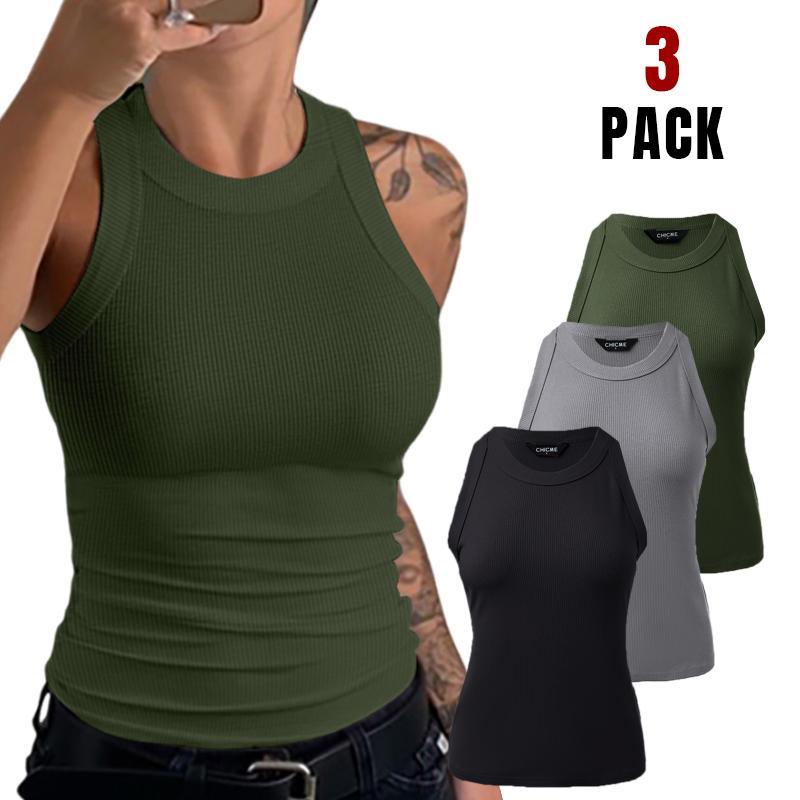 Chicme 3-Piece O-Neck Knit Thick Strap Racerback Tank Tops Without Bra Pads