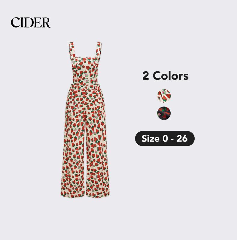 Cider [2 colors, size 2-26] Woven Strawberry Print Wide Leg Jumpsuit