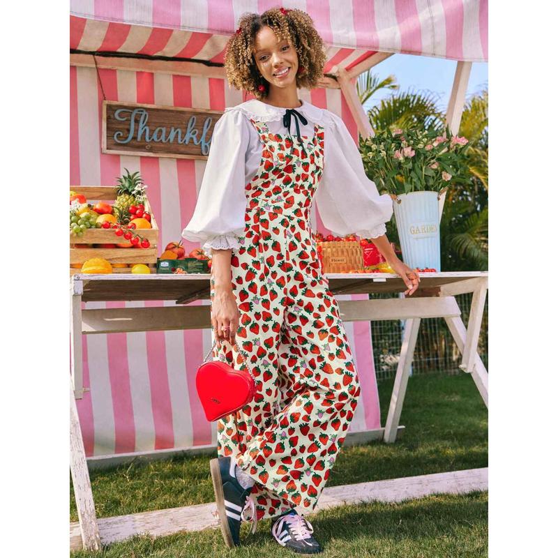 Cider [2 colors, size 2-26] Woven Strawberry Print Wide Leg Jumpsuit