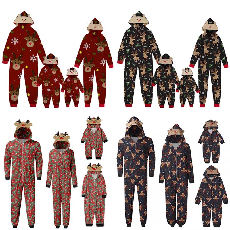 Matching Christmas Pjs for Family Reindeer Print Onesie Pajamas Hoodie  Xmas Sleepwear Outfits