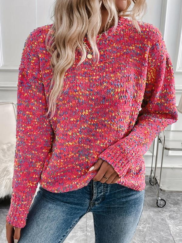 Women's Colorblock Pom Pom Decor Drop Shoulder Sweater, Casual Long Sleeve Round Neck Jumper for Fall & Winter, Fashion Ladies' Knitwear for Daily Wear, Fall Outfits, Fall freshness, Fall Outfits 2024 Cardigan Sweater