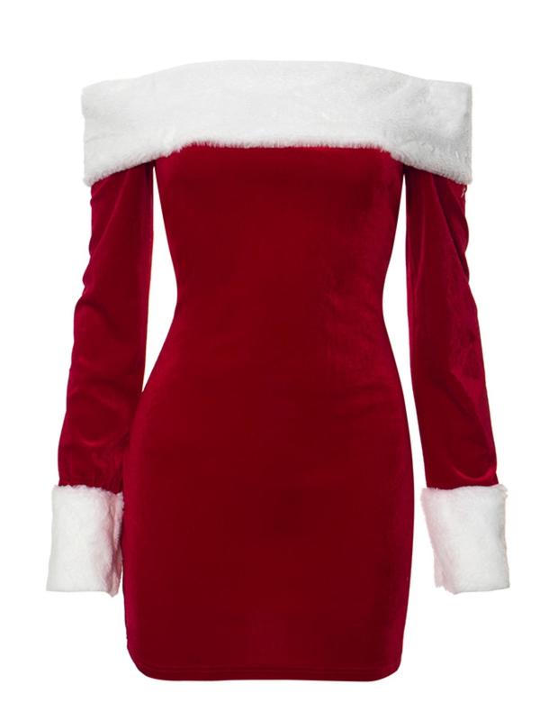 Women's Velvet Christmas Themed Dress, Elegant Off Shoulder Long Sleeve Short Dress for Party Holiday, Women's Clothing for Fall & Winter