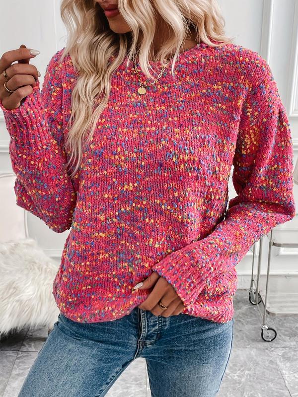 Women's Colorblock Pom Pom Decor Drop Shoulder Sweater, Casual Long Sleeve Round Neck Jumper for Fall & Winter, Fashion Ladies' Knitwear for Daily Wear, Fall Outfits, Fall freshness, Fall Outfits 2024 Cardigan Sweater