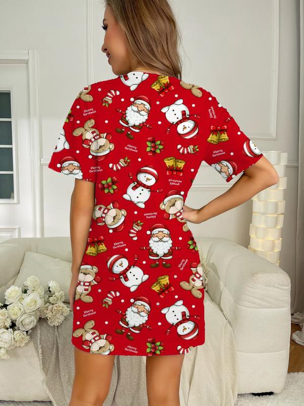 Women's Festive Christmas Print Casual Sleep Dress - Cozy Polyester Blend, Round Neck, Machine Washable Crewneck Loungewear