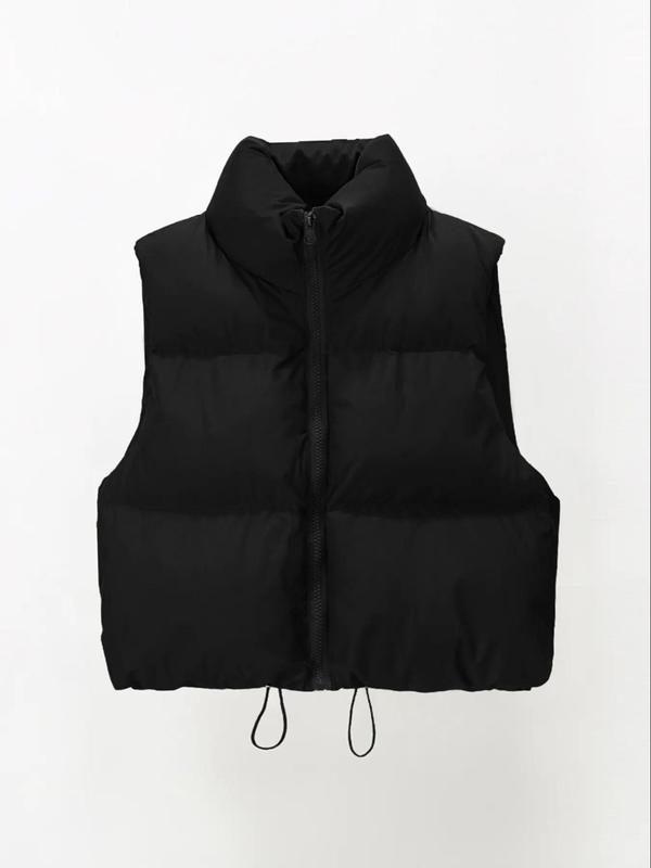 Women's Solid Color Zip Up Stand Collar Crop Vest Winter Coat, Casual Warm Sleeveless Outerwear for Fall & Winter, Women's Clothing for Daily Wear