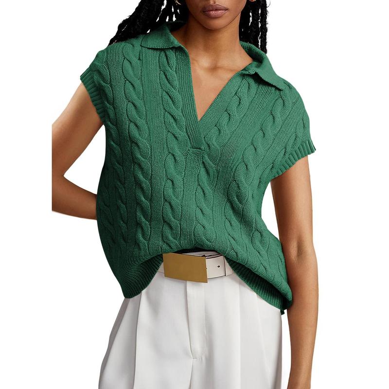 Dokotoo Vest V Neck Lapel Collar Cable Knit Vest for Women Cable Knit Summer Sweaters for Women Fall Outfits for Women 2024 Green X Large