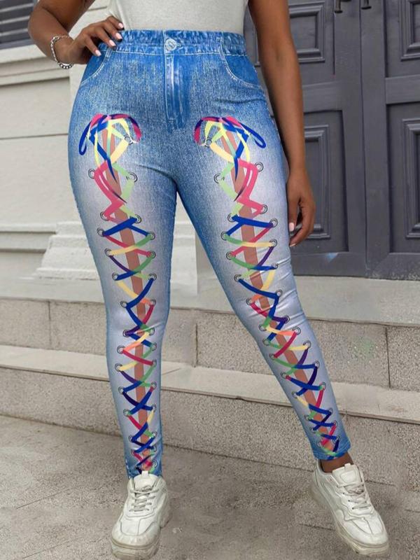  Denim-Effect Print High Waist Leggings, Casual Comfy Skinny Pants for Daily Wear, Women's Bottoms for Fall & Winter