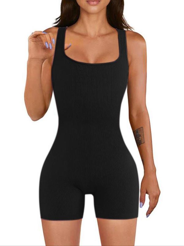 Women's Solid Color Ribbed Square Neck Tank Shapewear Romper, Casual Comfy Tummy Control Thigh Slimmer Seamless Sleeveless Shaper Bodysuit for Daily Wear, Summer Wear 2024, Ladies Shapewear, Fall Wear, Earthtone Fallfreshness