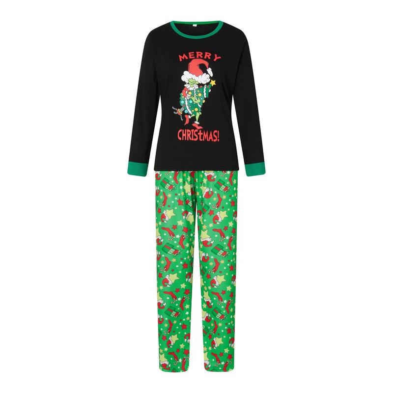 Christmas Pajamas for Family Long Sleeve Cartoon Print Tops + Trousers Set Winter Holiday Sleepwear