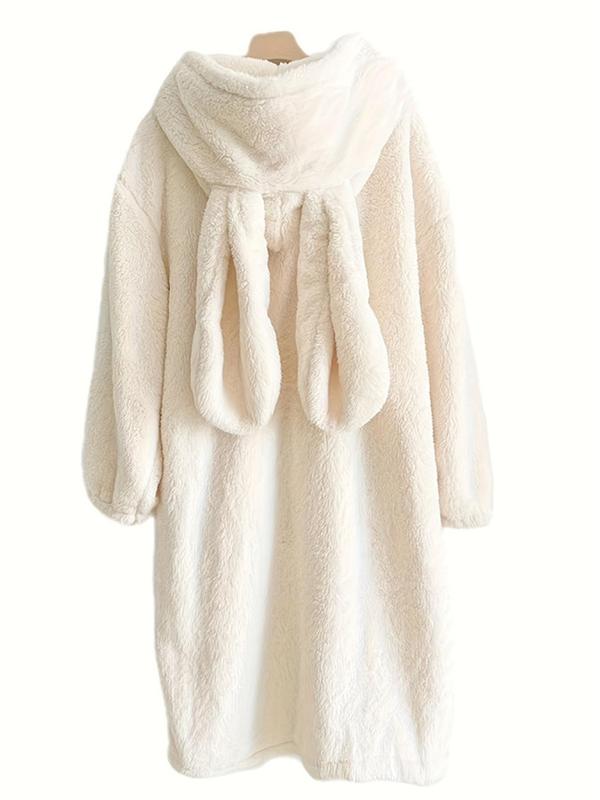 Women's Solid 3d Ear Decor Button Front Hooded Coral Fleece Robe, Cute Drop Shoulder Long Sleeve Thermal Lined Robe, Women's Sleepwear for Winter