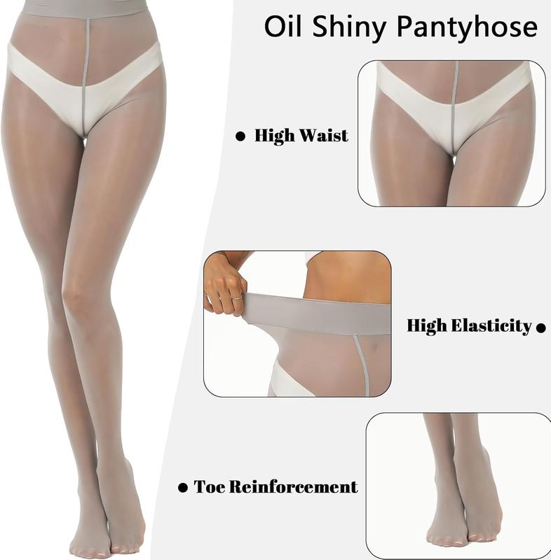 2 Pairs Women's Shiny Sheer Tights High Waist Silk Comfort Stockings Oil Shimmery Nylons Pantyhose