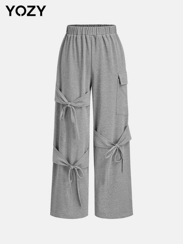 YOZY Women's Plain Tie Bow Decor Wide Leg Pants, Casual Elastic Waist Pocket Trousers for Fall & Winter, Women's Bottoms for Daily Wear