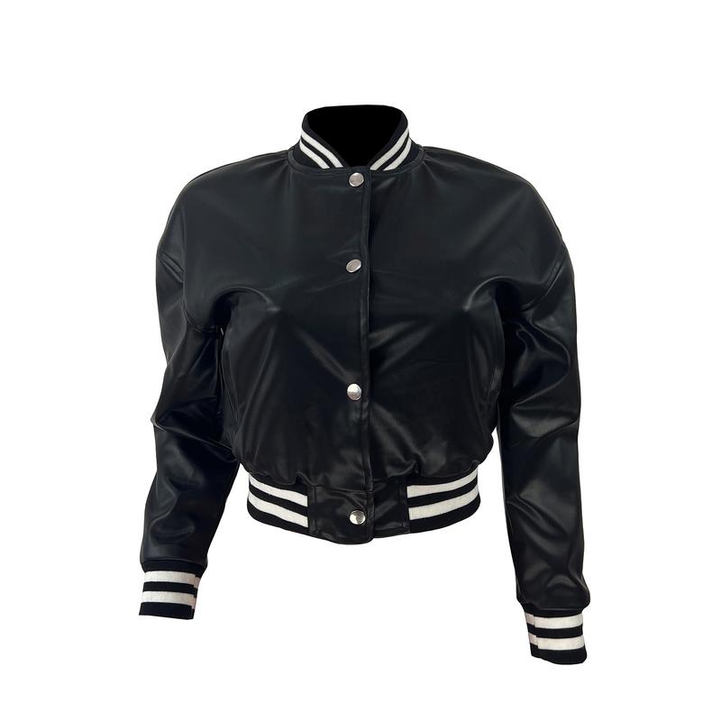 Echoine Varsity Faux Leather Short Jacket Women Bomber Button Down Crop Baseball LongSleeves Coat Casual Knit Striped Outerwear Womenswear Black Friday Collar true size perfect gift comfortable Outdoor Cute Style Chic fall coat Women's PU