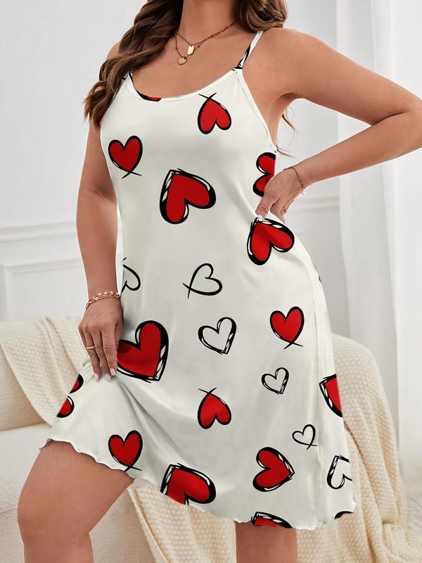  All Over Heart  Bear Print Lettuce Trim Cami Nightdress, Casual Soft Comfortable Spaghetti Strap Nightgown for Women, Women's Sleepwear for All Seasons