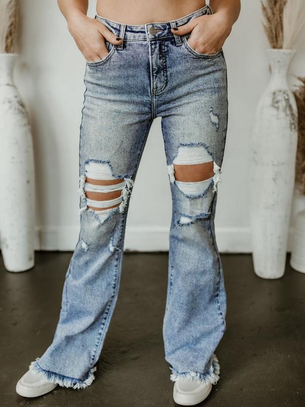 Dani Morgans Exclusive Risen Acid Wash Tummy Control High Rise Distressed Flare Jeans- Medium Acid Wash Comfort Denim