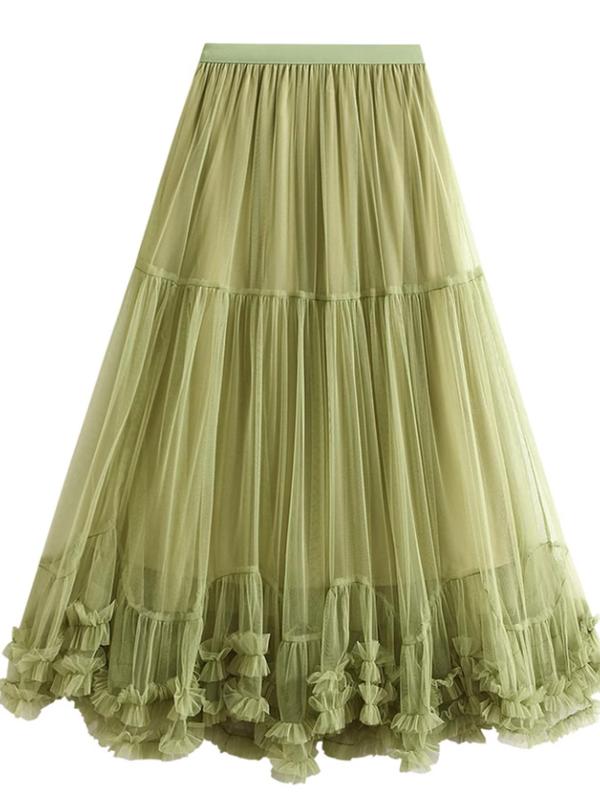 Women's Plain Frill Trim Tiered Layer Mesh Skirt, Elegant Fashion Long Skirt for Party Holiday Wedding Guest, Ladies Clothes for All Seasons