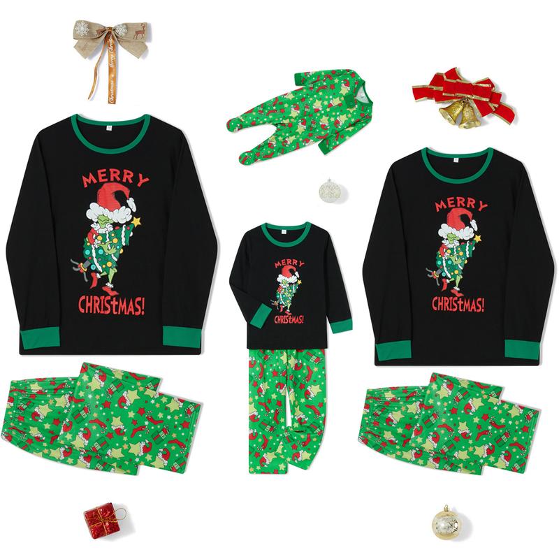 Christmas Pajamas for Family Long Sleeve Cartoon Print Tops + Trousers Set Winter Holiday Sleepwear