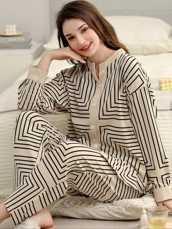 Two-Piece Set Women's Geometric Print Button Front Pocket Drop Shoulder Pajama, Casual Comfy Long Sleeve Top & Pants PJ Set, Ladies Sleepwear for Spring & Fall