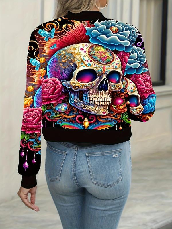 Women's Floral & Skull Print Zip Up Bomber Jacket, Casual Long Sleeve Baseball Collar Outerwear for Daily Wear, Ladies Clothes for All Seasons