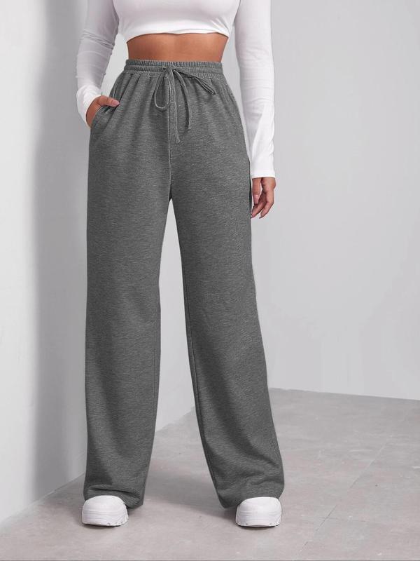 Pocket Drawstring Waist Sweatpants for Spring, Casual Wide Leg Trousers for Daily Outdoor Wear, Fall Clothes, No Boundaries Wide Leg Sweatpants for Women, Women's Knitting Bottoms for All Seasons, Sweatpants for Women, Fall Outfits Downtown Girl Clothes