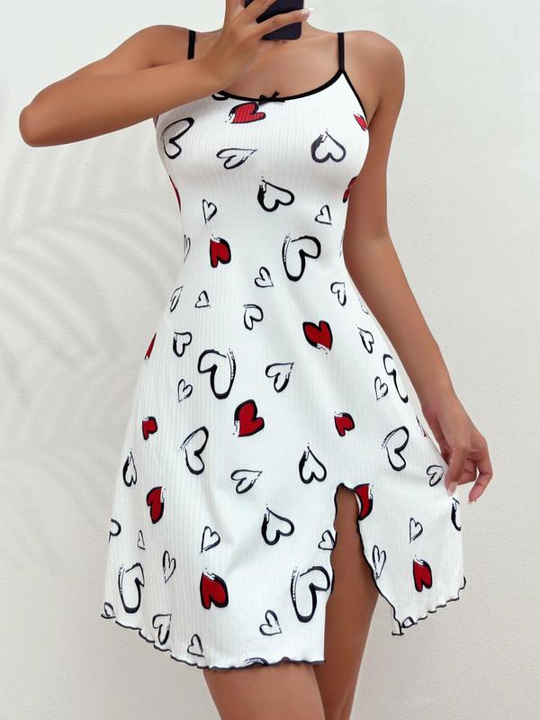 Women's Heart Print Bow Decor Cami Nightdress for Home Wear, Contrast Binding Sleeveless PJ Sleep Dress, Casual Comfy Pyjama Dress