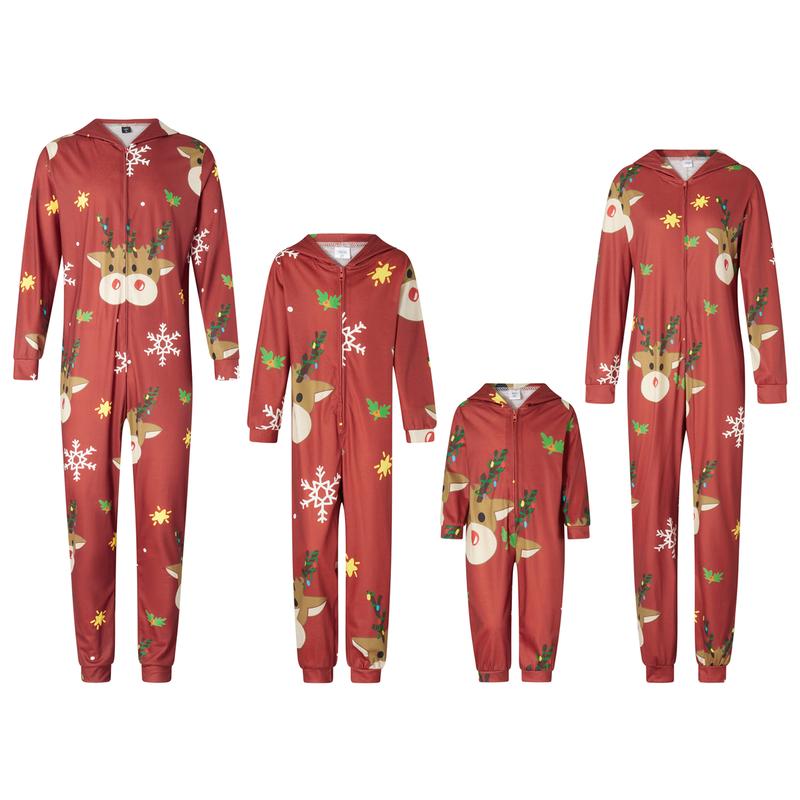 Matching Christmas Pjs for Family Reindeer Print Onesie Pajamas Hoodie  Xmas Sleepwear Outfits