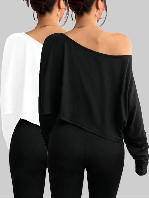 Women's Solid Asymmetrical Neck Tee Two-piece Set, Casual Long Sleeve T-shirt for Spring & Fall, Ladies Clothes for Daily Wear