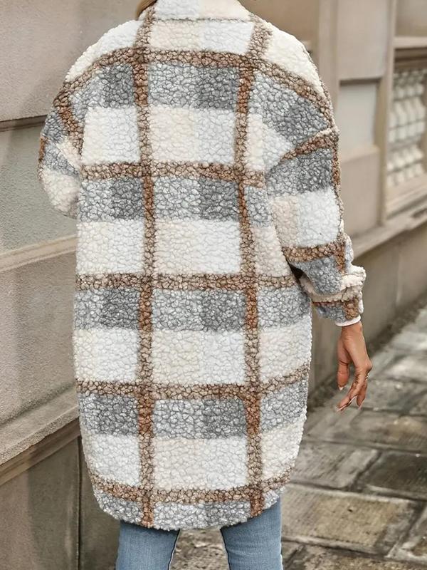  Plaid Print Button Front Curved Hem Plush Coat, Casual Long Sleeve Collared Outerwear for Fall & Winter, Women's Clothes for Daily Wear