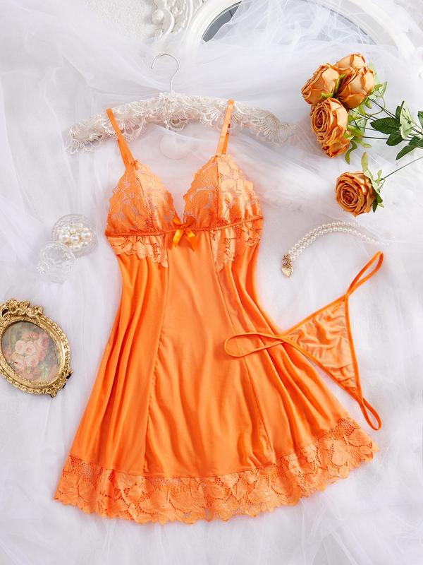 Women's 2pcs Bow Front Contrast Lace Cami Nightdress & Thong Set, Elegant Sexy Adjustable Spaghetti Strap Nightgown for All Seasons, Women Sexy Lingeries & Costumes for Daily Wear