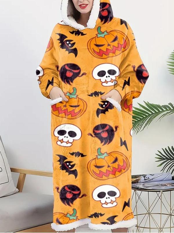 Women's All Over Print Thermal Lined Pocket Hooded Lounge Robe, Casual Halloween Themed Warm Raglan Sleeve Sleep Robe for Fall & Winter, Lady's Sleepwear for Indoor Wear