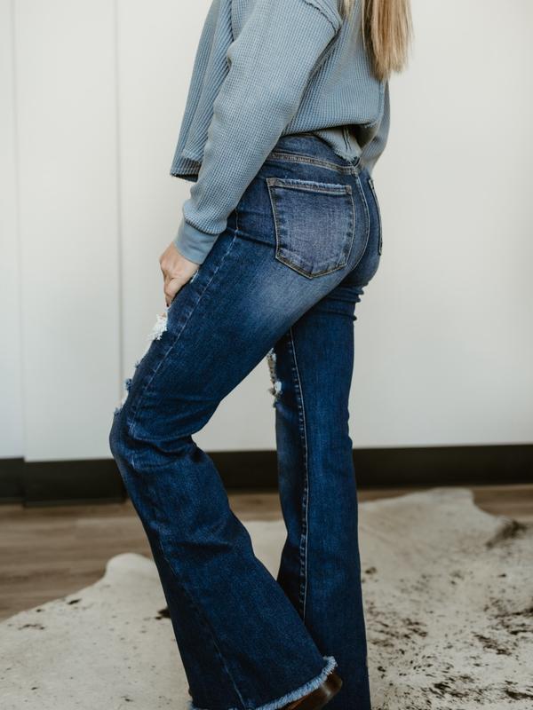 Dani Morgans Exclusive Risen Acid Wash Tummy Control High Rise Distressed Flare Jeans- Medium Acid Wash Comfort Denim