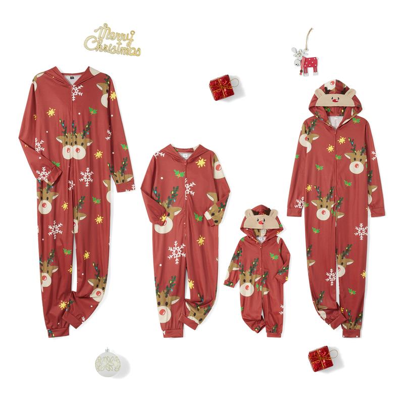 Matching Christmas Pjs for Family Reindeer Print Onesie Pajamas Hoodie  Xmas Sleepwear Outfits