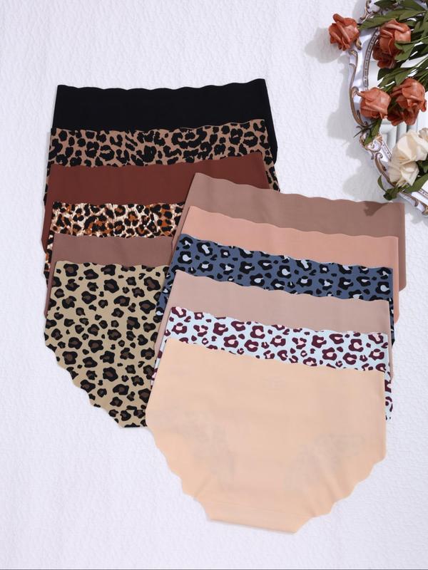 Women's Leopard Print & Solid High Waist Panty, Soft Comfy Breathable Seamless Knicker for Daily Wear, Underwear for All Seasons