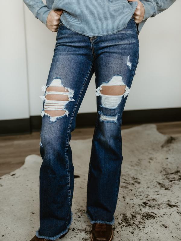 Dani Morgans Exclusive Risen Acid Wash Tummy Control High Rise Distressed Flare Jeans- Medium Acid Wash Comfort Denim