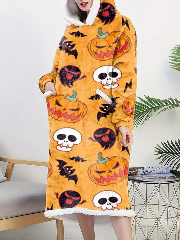 Women's All Over Print Thermal Lined Pocket Hooded Lounge Robe, Casual Halloween Themed Warm Raglan Sleeve Sleep Robe for Fall & Winter, Lady's Sleepwear for Indoor Wear