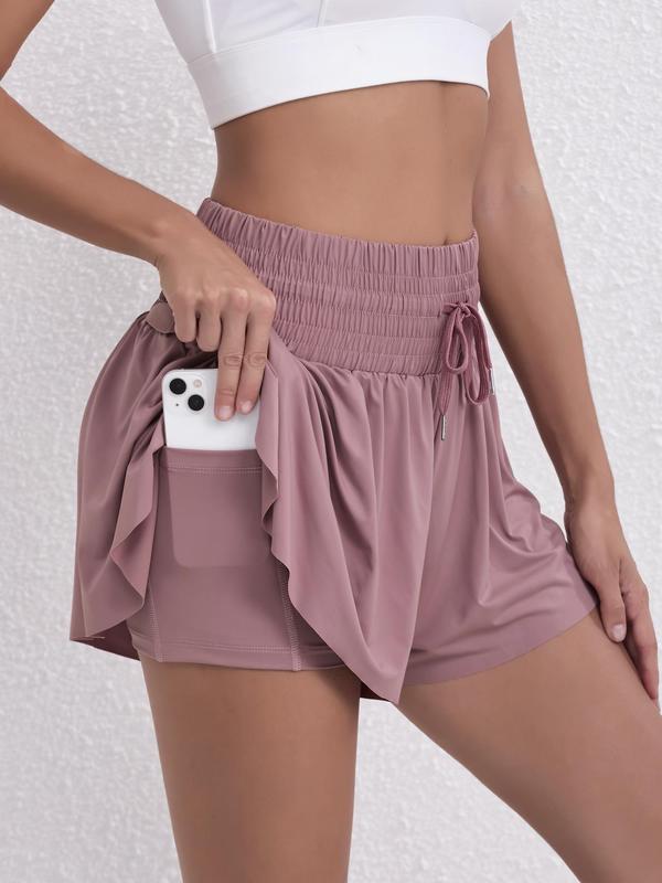 Women's 2 in 1 Drawstring Waist Shirred Skort, Casual Pocket High Waist Culottes for Summer, Shorts for Women, Women's Bottoms for Daily Wear, Going Out Bottoms