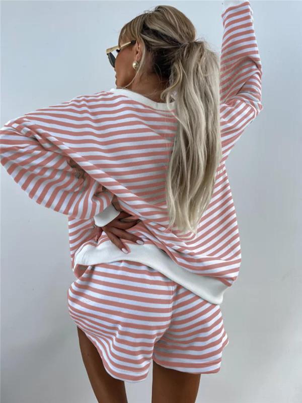 Two-piece Set Women's Striped Print Drop Shoulder Sweatshirt & Elastic Waist Shorts Loungewear, Casual Comfy V Neck Long Sleeve Top & Shorts Pj Set, Pajama Sets Women, Ladies Sleepwear for Spring & Fall, Black Girl Wear, Pajama Pants at Gym