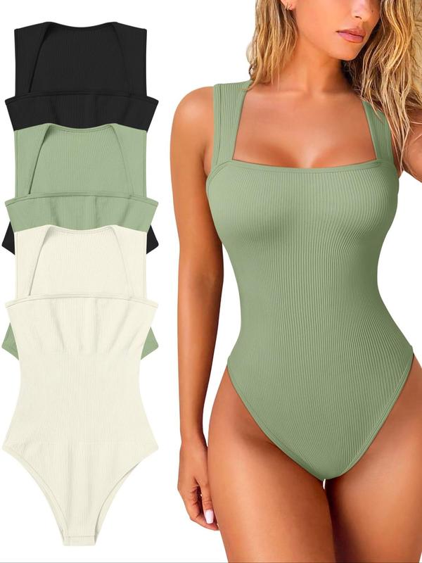 Women's Solid Ribbed Square Neck Shapewear Bodysuit, Casual Comfy Breathable Sleeveless Shaper for Daily Wear, Ladies Shapewear for All Seasons