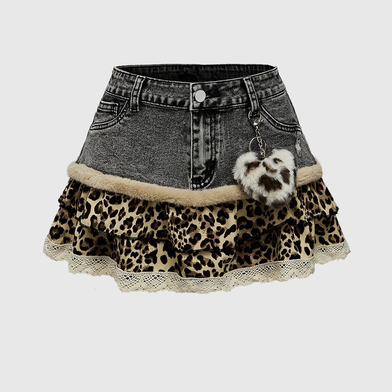 ROMWE Grunge Punk Y2K Patchwork Leopard Print Ruffle Hem Super-Short Denim Mini Skirt