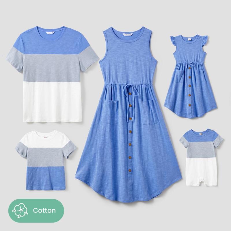 PatPat Family Matching Sets Color Block Tee and A-line Tank Dress with Drawstring, Pockets and Buttons