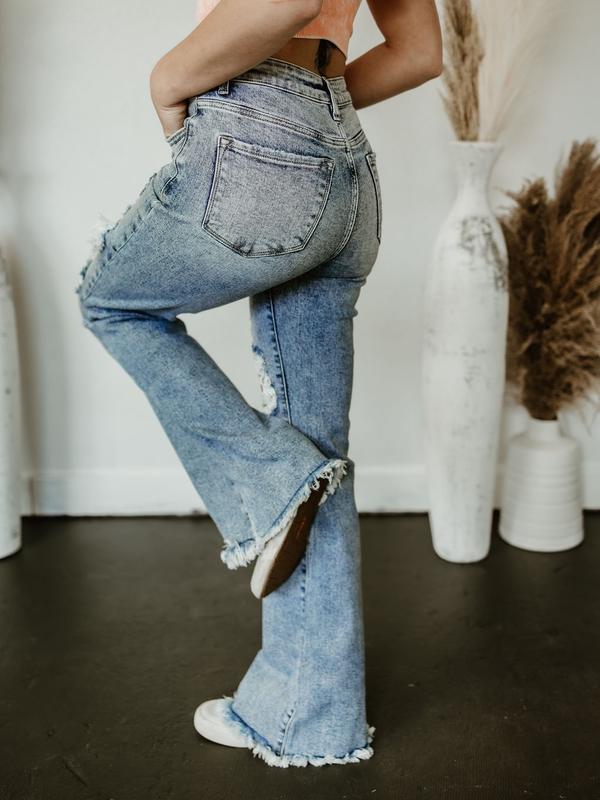 Dani Morgans Exclusive Risen Acid Wash Tummy Control High Rise Distressed Flare Jeans- Medium Acid Wash Comfort Denim