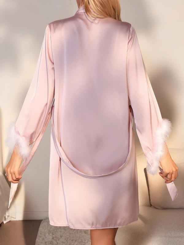 Women's Fuzzy Trim Belted Soft Satin Lounge Robe, Elegant Drop Shoulder V Neck Dressing Gown For Women Daily Wear, Fashion PJ for Lady, Women's Sleepwear For All Seasons