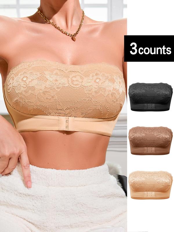 Women's Solid Color Contrast Lace Push Up Strapless Bra, Elegant Buckle Front Wireless Lingerie Top for Daily Wear, Women's Lingerie for All Seasons