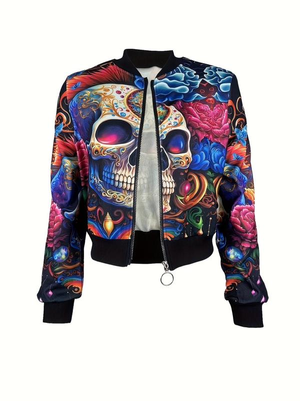 Women's Floral & Skull Print Zip Up Bomber Jacket, Casual Long Sleeve Baseball Collar Outerwear for Daily Wear, Ladies Clothes for All Seasons